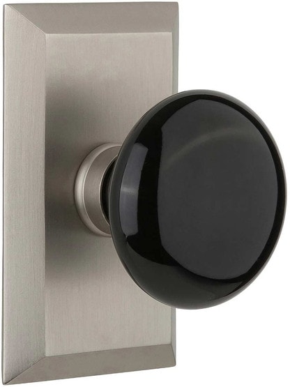 New York Rosette Door Set with Black Porcelain Knobs in Satin Nickel.